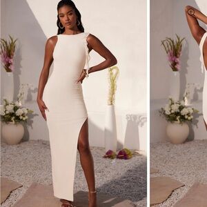 Ruched Ivory Maxi Dress - Open Back - Floor Length - Slit - Ruffle Detail